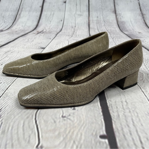 Stuart Weitzman Shoes - STUART WEITZMAN vintage square toe block heel shimmer snake skin leather shoes 7